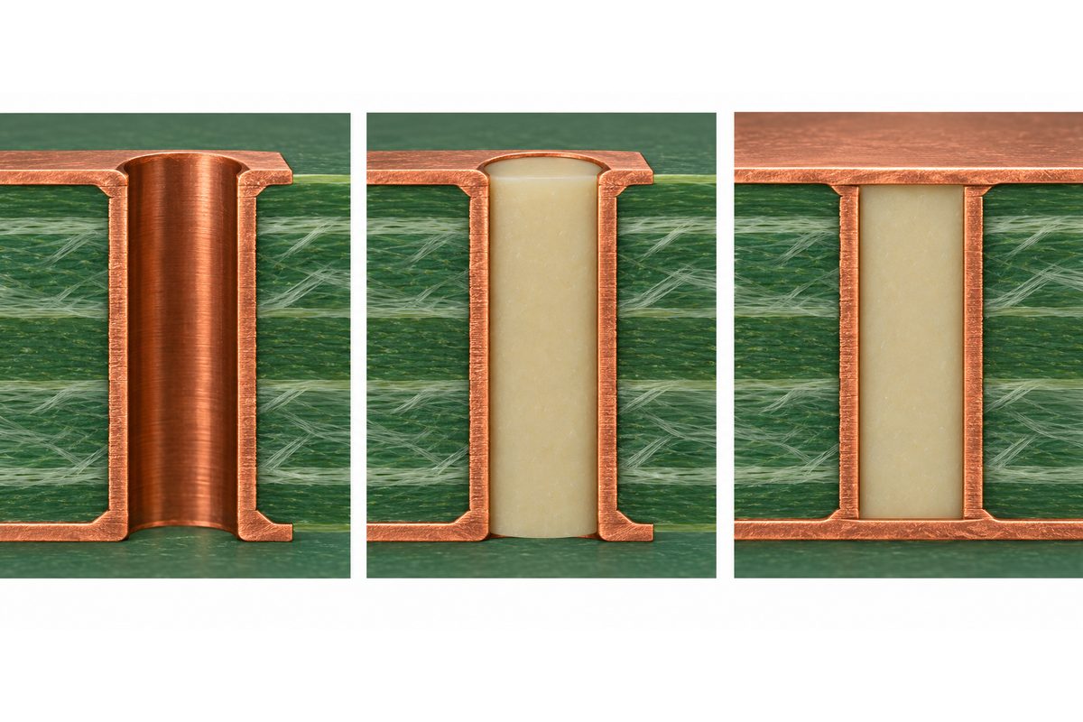 Conceptual comparison of an open plated via, resin-filled via, and resin-filled copper-capped via