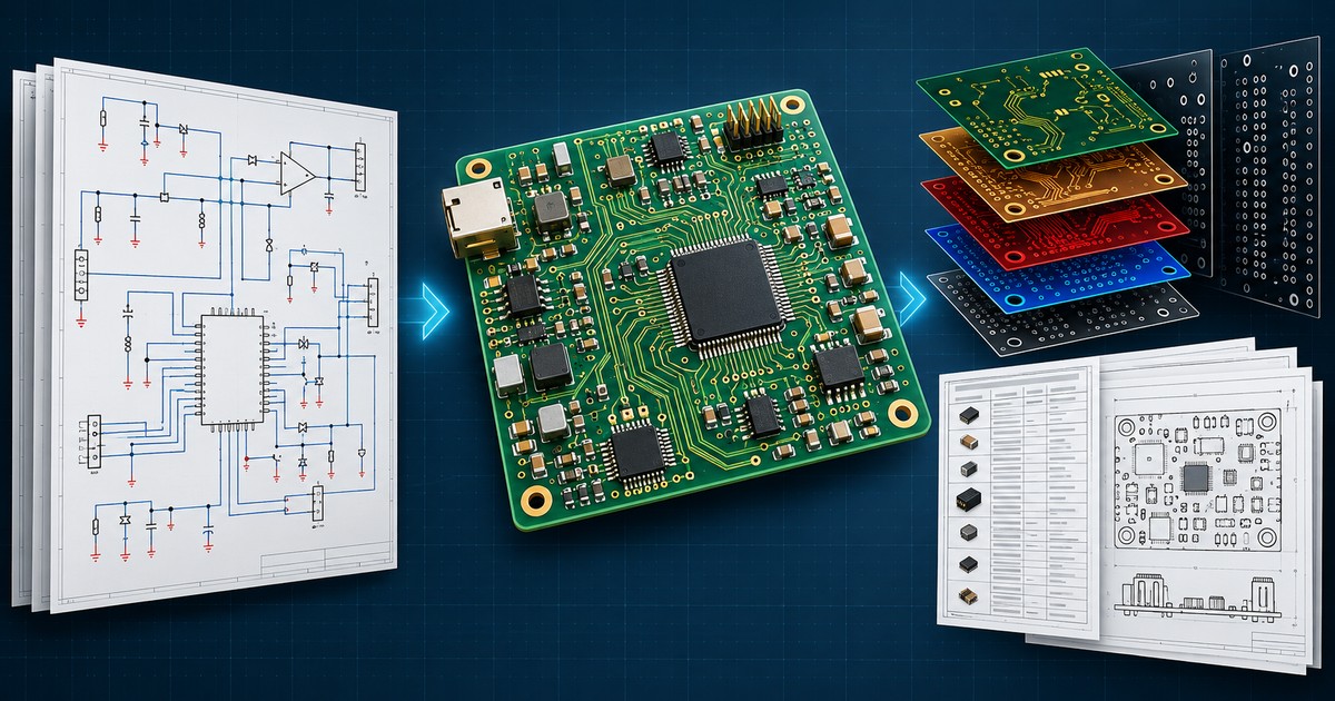 Technical visualization of a schematic, routed PCB layout, manufacturing layers, BOM and assembly drawing without people