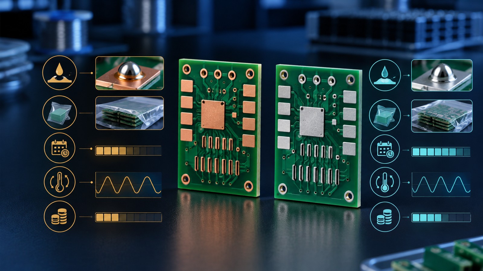 Side-by-side PCB coupons comparing OSP copper pads and immersion tin pads with storage, thermal cycle and cost indicators without people