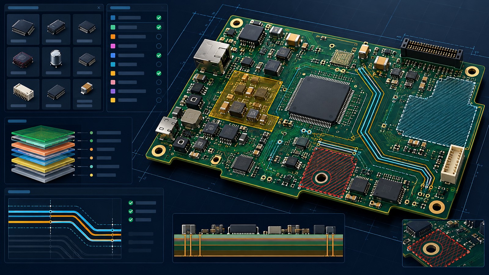 PADS PCB workflow concept with layer stack, component libraries, design constraints, placement and routing guides without people