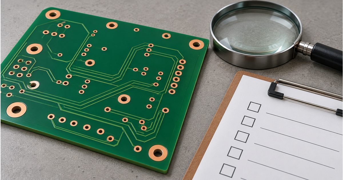 Conceptual bare PCB annular lands beside a magnifying lens and blank checklist