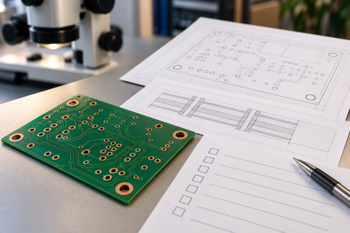 Conceptual PCB annular lands beside layer drawings and a blank release review checklist