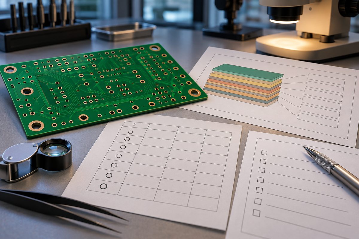 Conceptual bare PCB beside stackup documents, drill chart, and blank inspection checklist