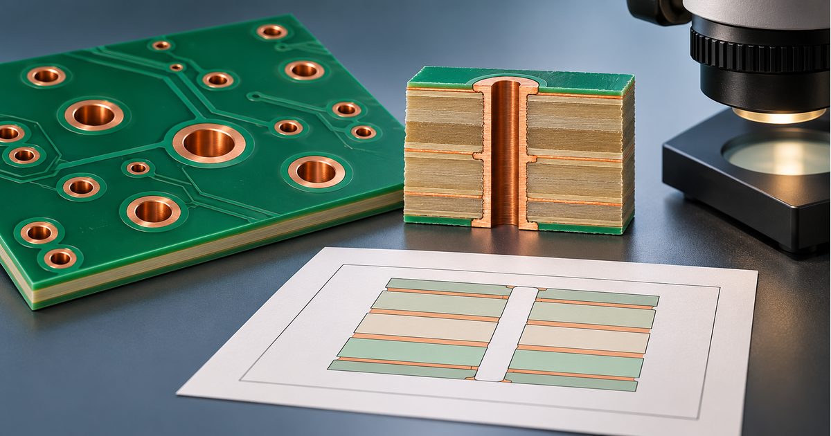 Conceptual bare PCB and copper-lined hole cutaway beside a stackup drawing and microscope