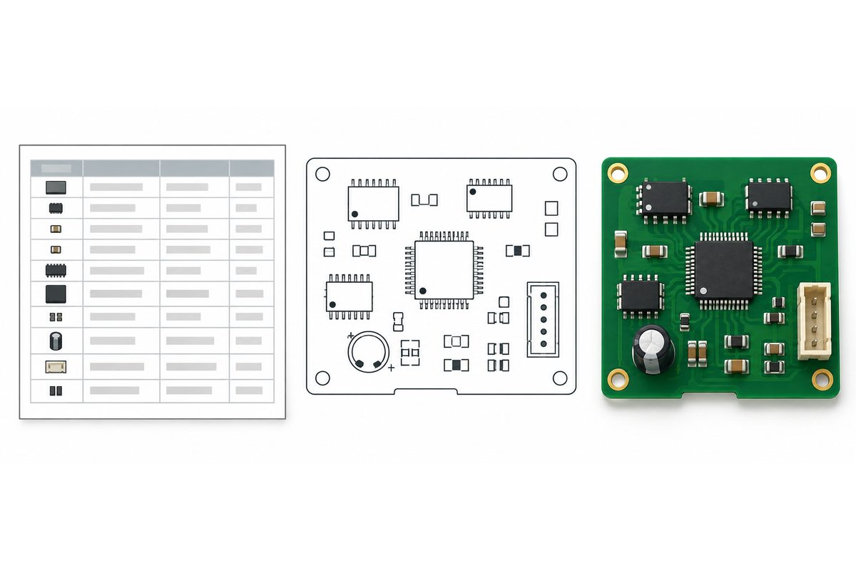 Conceptual assembly handoff showing a bill of materials, placement coordinates, and a component orientation review