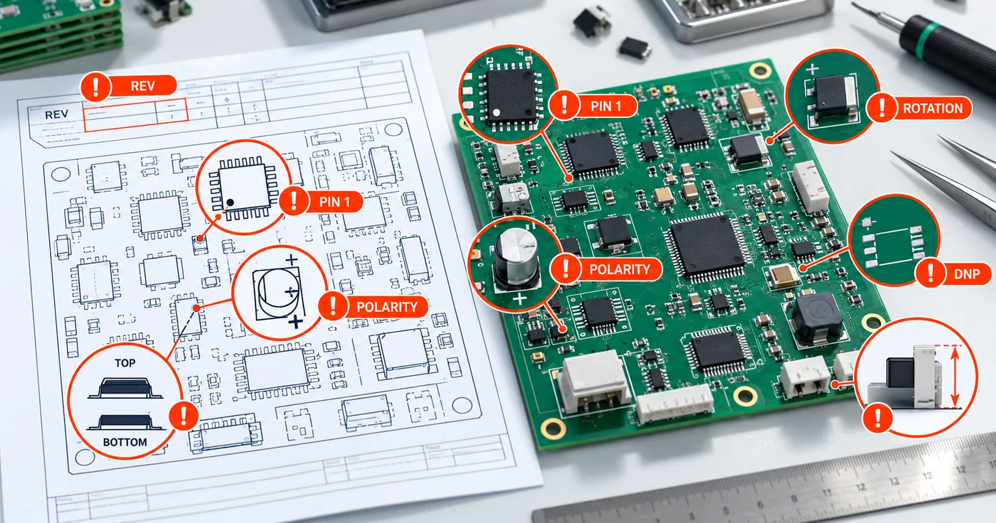 PCB assembly drawing checklist showing revision, pin 1, polarity, side, DNP, rotation, and component height checks