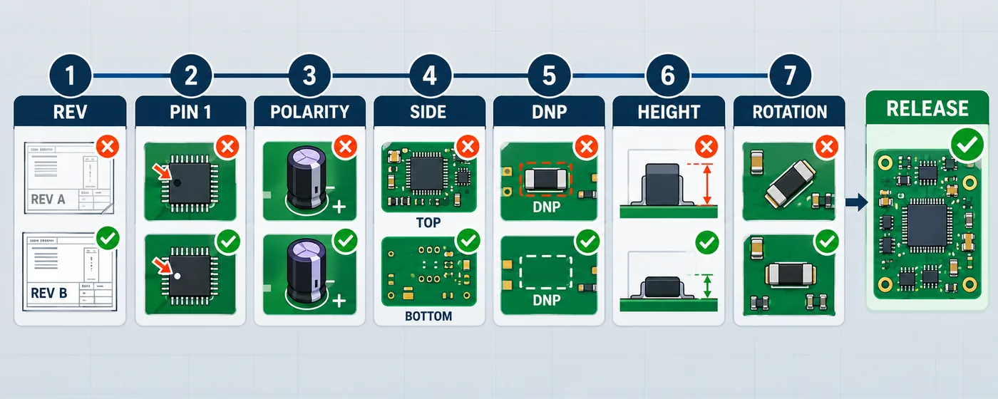 Seven-step PCB assembly drawing audit for revision, pin 1, polarity, side, DNP, height, and rotation