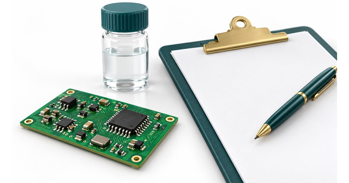 Conceptual PCB assembly beside a capped sample vial and blank report