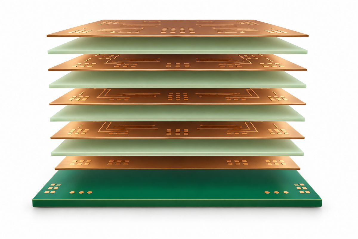 Conceptual symmetrical multilayer PCB construction with alternating copper and dielectric layers