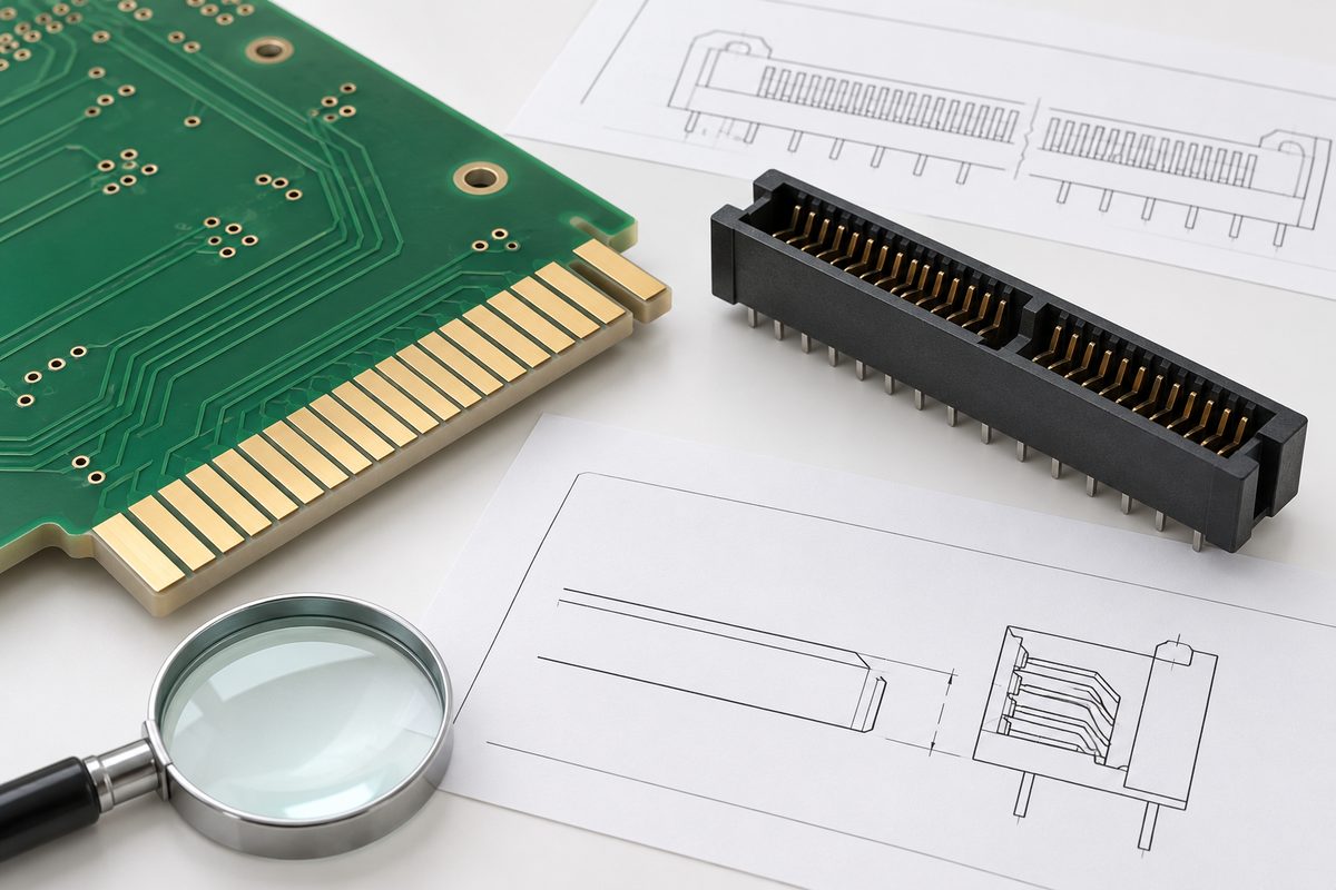 Conceptual gold-finger PCB beside a separate card-edge socket, mechanical drawing sheets, and a magnifier