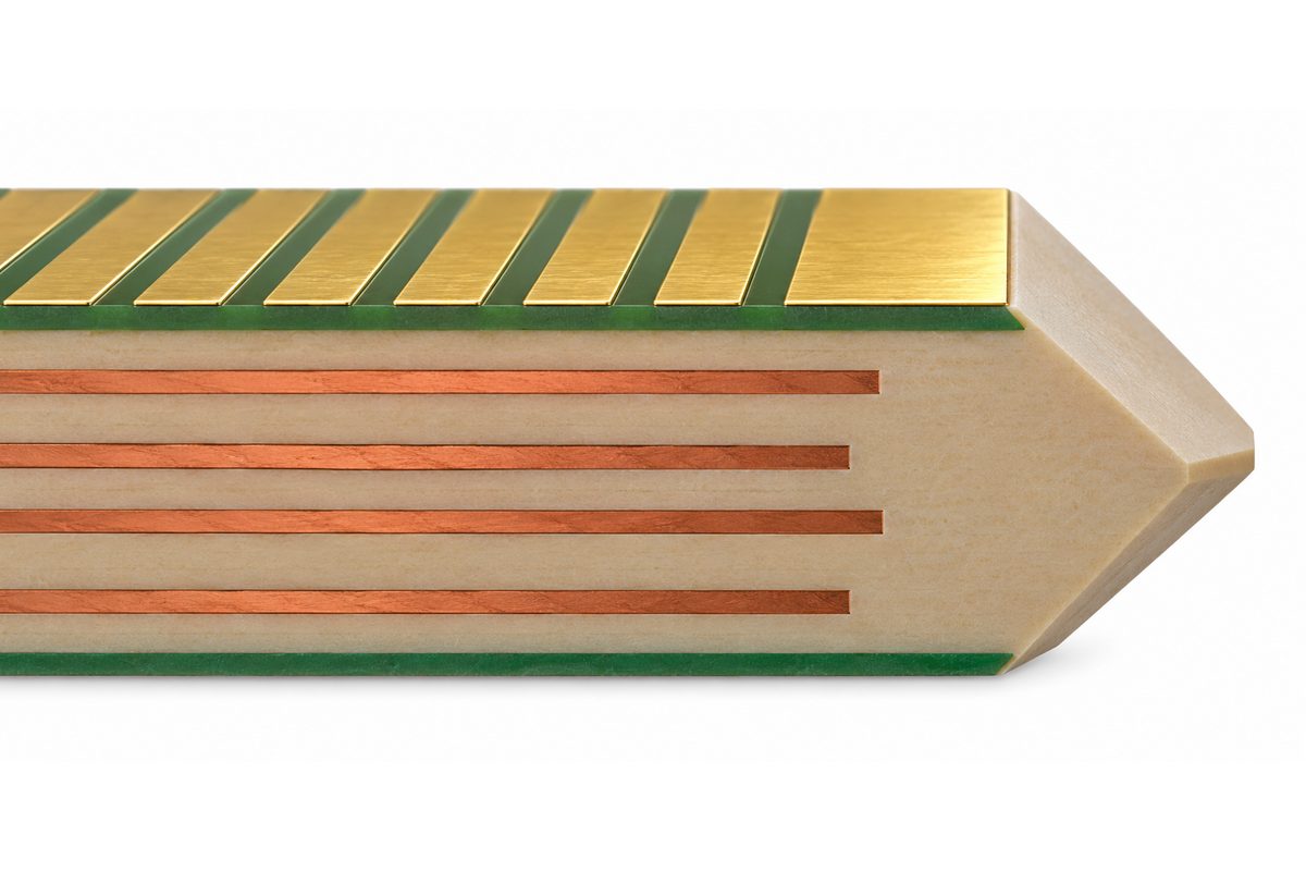 Conceptual multilayer PCB edge cutaway with internal copper recessed from the beveled dielectric region