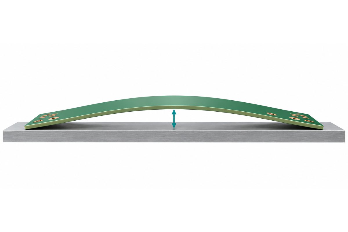 Conceptual bowed bare PCB above a flat reference plate with a clearance arrow