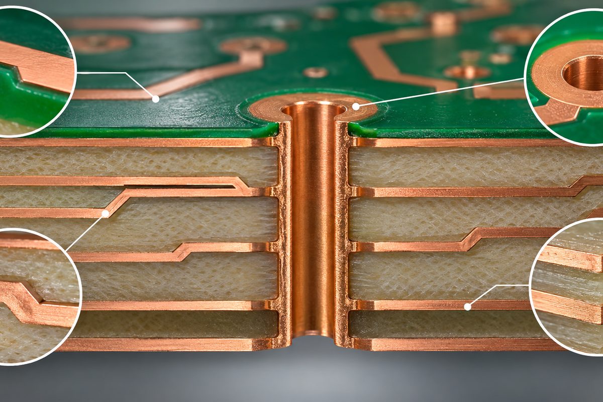 Conceptual cutaway showing copper layers and a plated through hole in a multilayer printed board