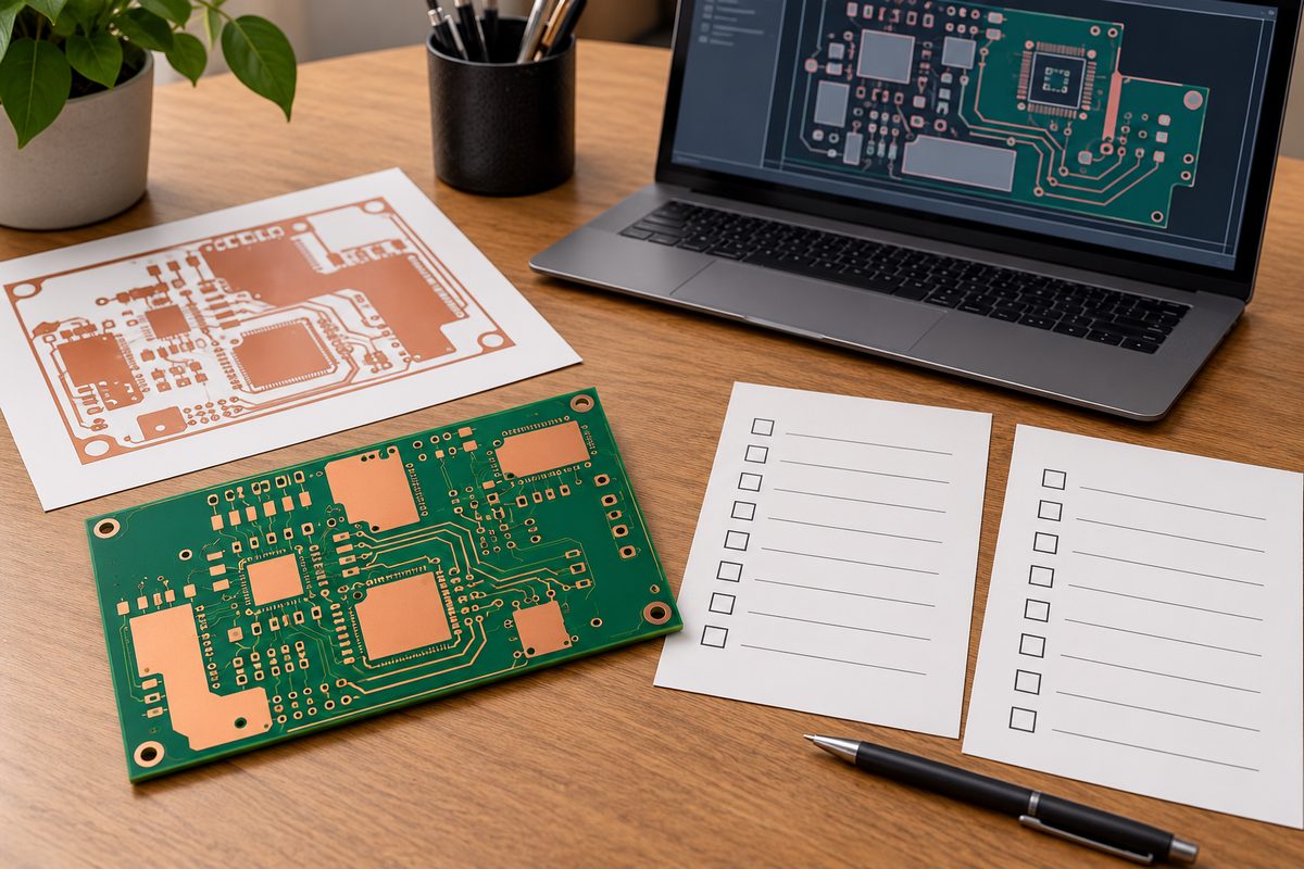 Conceptual PCB copper regions beside artwork and blank connectivity and release checklists
