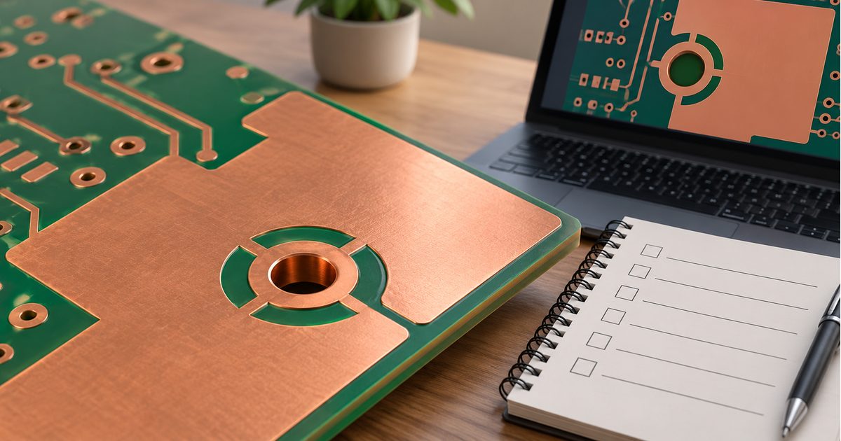Conceptual copper pour and thermal-relief pad beside a laptop and blank checklist
