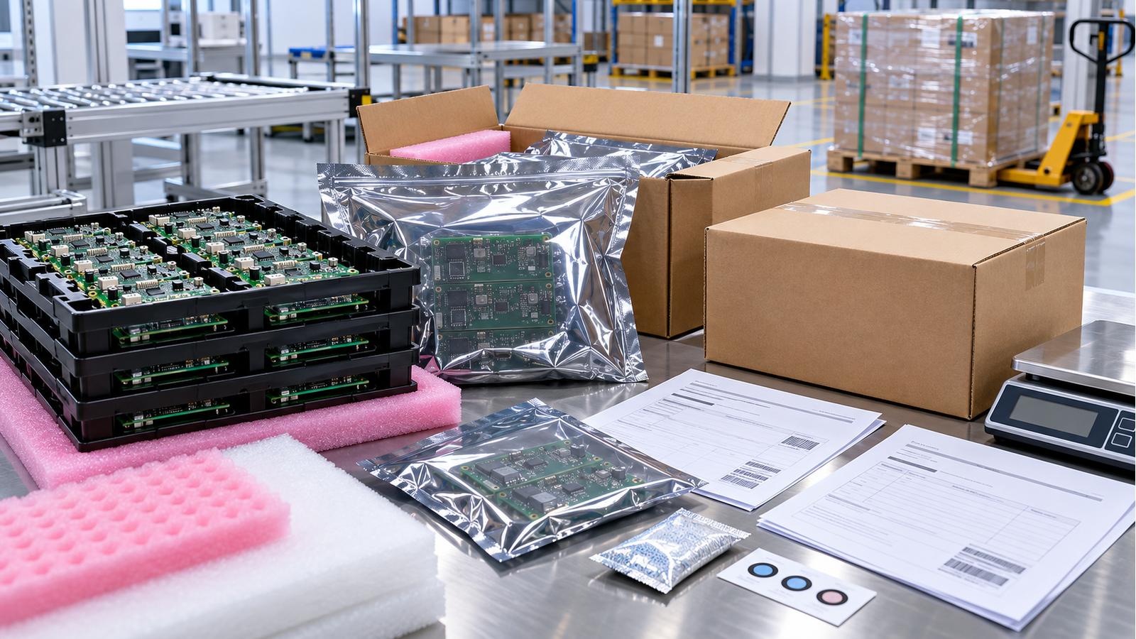 Packaged PCB assemblies, ESD trays, moisture barrier bags, cartons, shipping documents, and freight staging equipment with no people