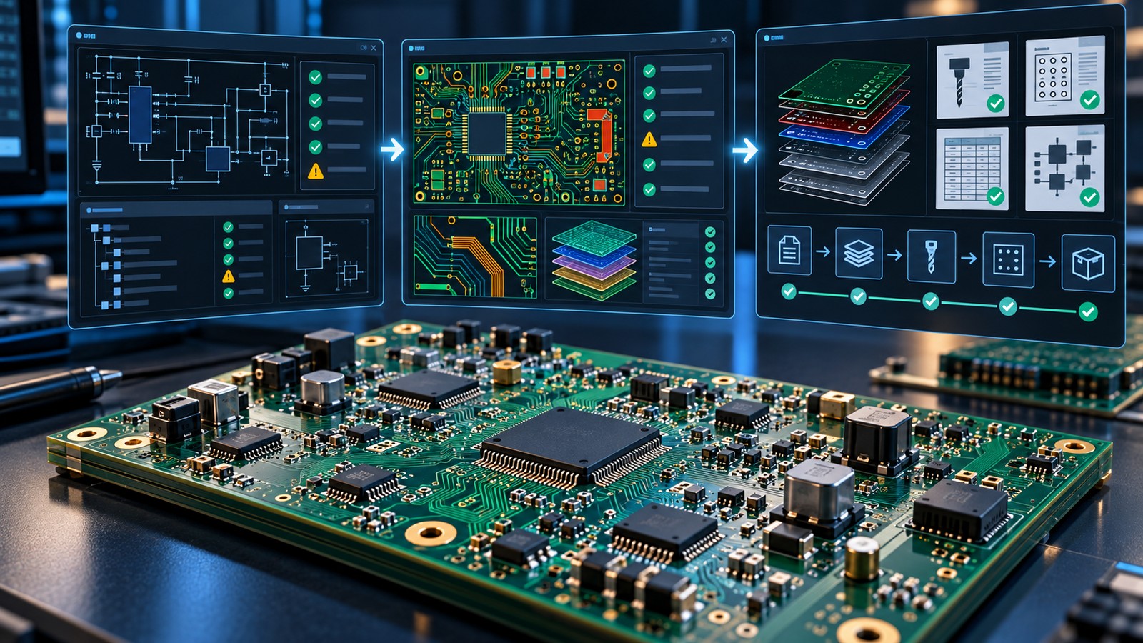 PCB assembly on an empty workstation with abstract ERC, DRC, layer, drill and manufacturing-release workflow panels