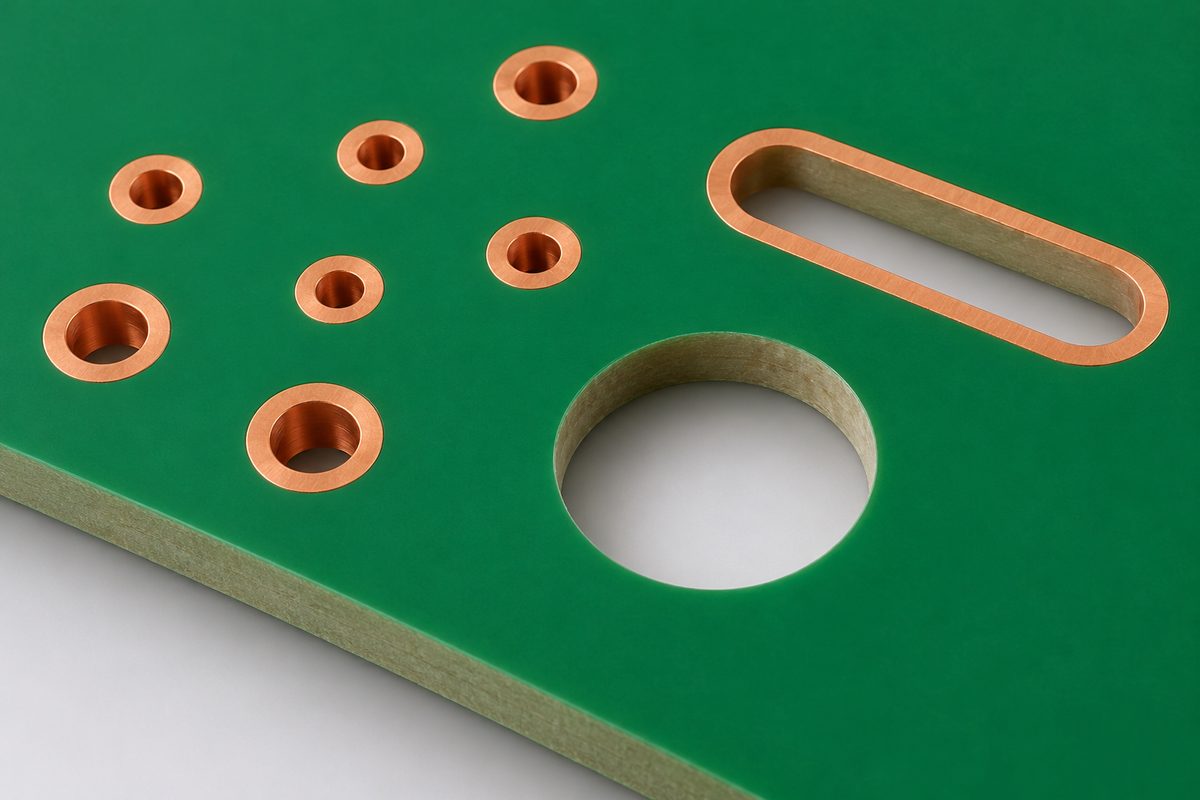 Conceptual bare PCB showing copper-rimmed holes, a copper-free mechanical hole, and an elongated slot