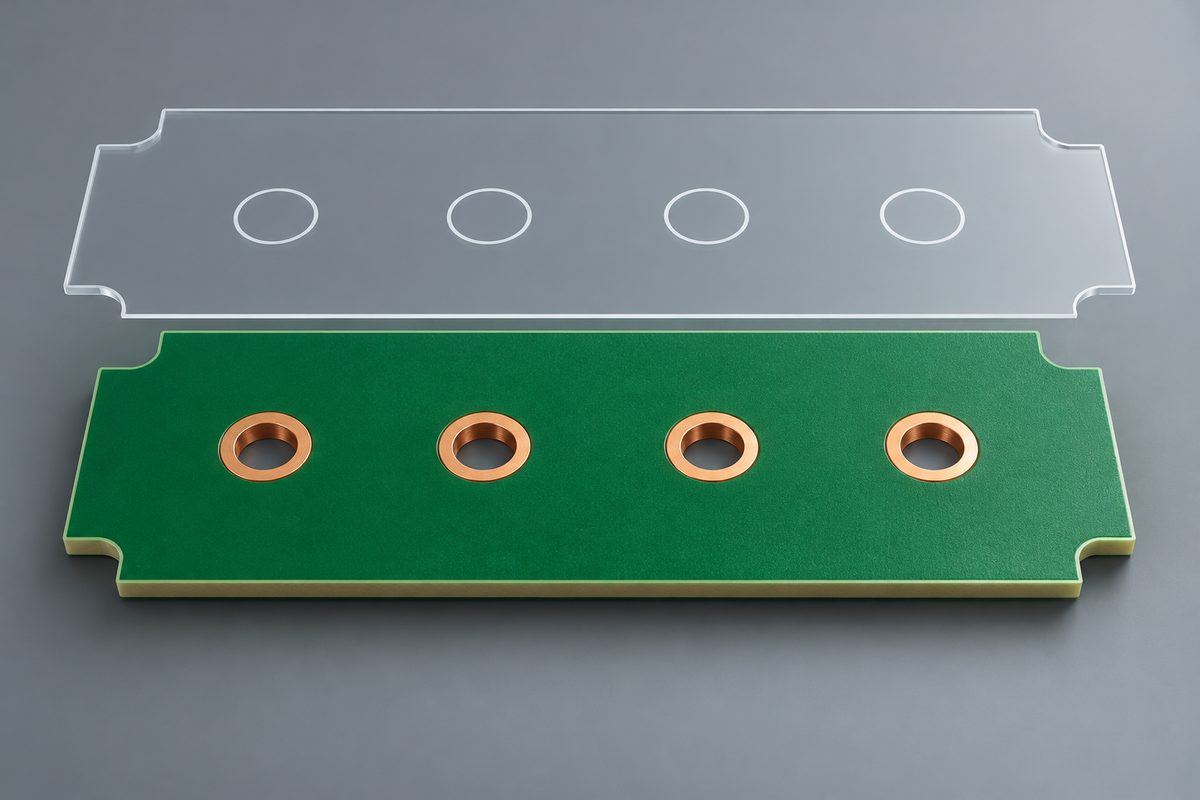 Conceptual transparent hole-map overlay aligned with circular holes on a bare PCB