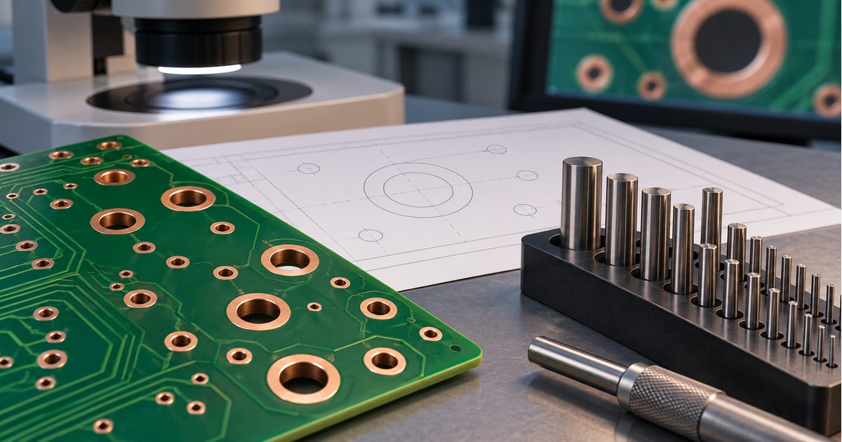 Conceptual bare PCB beside pin gauges, a mechanical drawing, and microscope