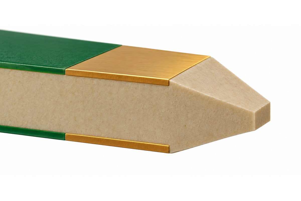 Conceptual edge-card cross section with two sloped dielectric bevels and a nonzero blunt leading tip