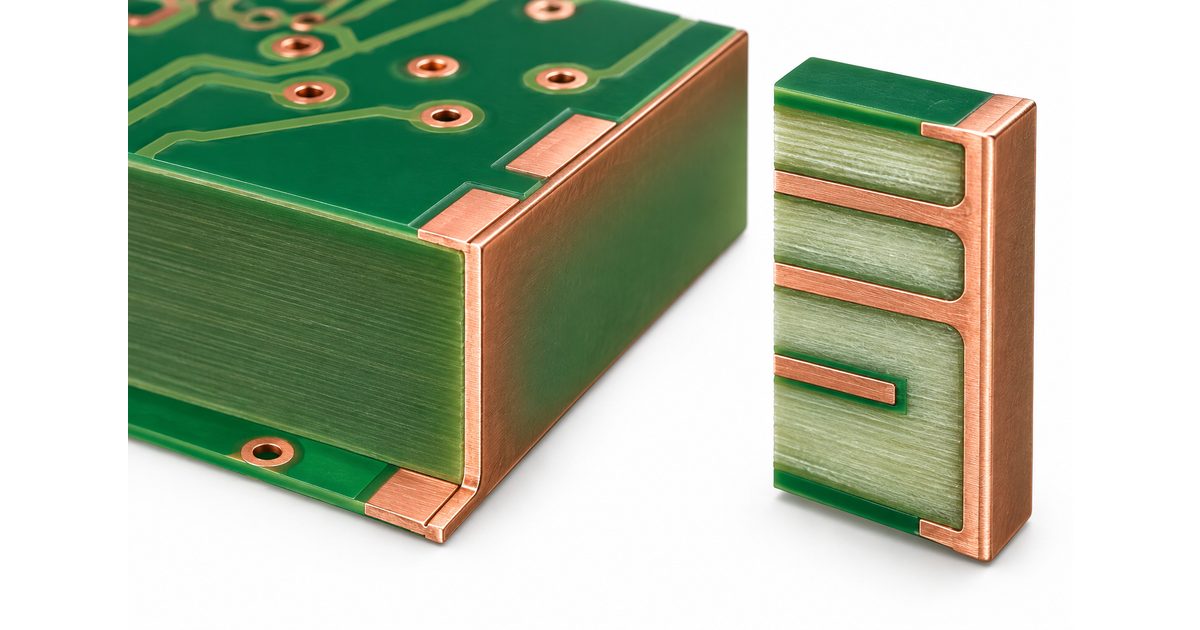 Conceptual green PCB with copper-coated sidewall beside a cutaway showing selected connected layers and an isolated trace