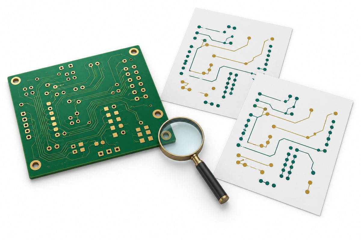 Conceptual bare PCB beside two separate connectivity documents and a magnifier