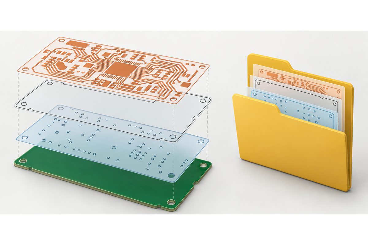 Conceptual manufacturing file package showing copper layers, board outline, and drilling information