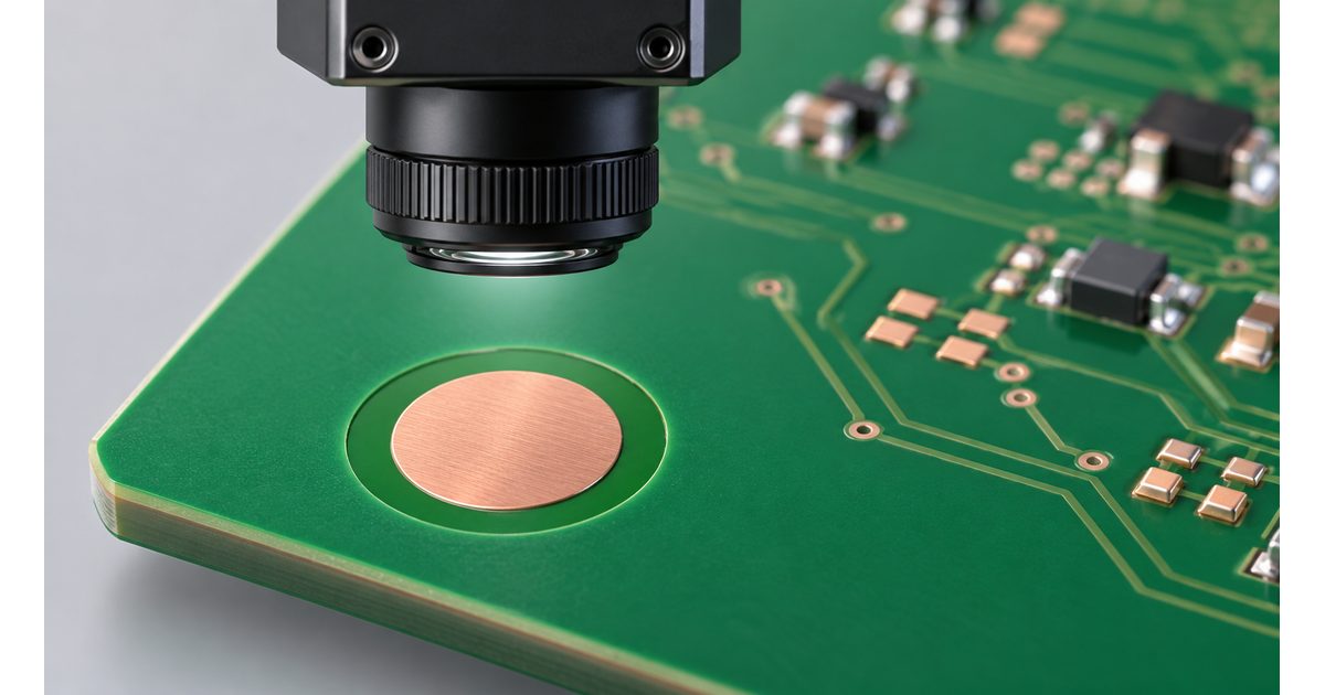 Conceptual machine vision camera above a solid copper fiducial target on a green PCB