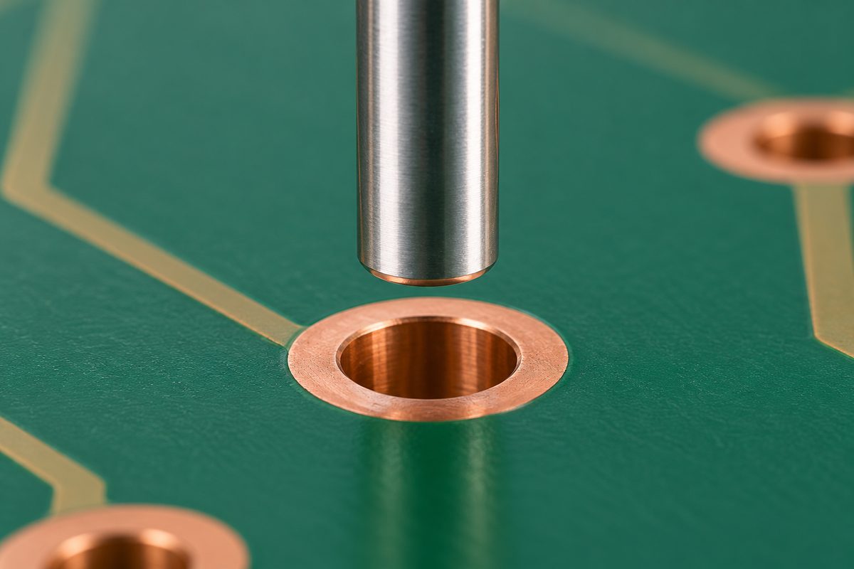 Conceptual cylindrical connector pin positioned above a larger copper-rimmed PCB hole