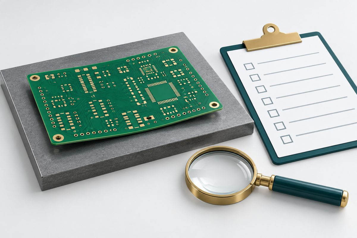 Conceptual PCB flatness review with a reference plate, magnifier, and blank report