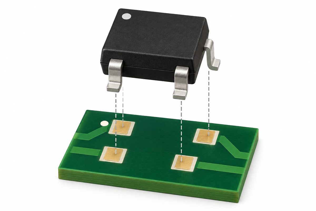 Conceptual comparison of an electronic package and its PCB footprint with a highlighted orientation marker