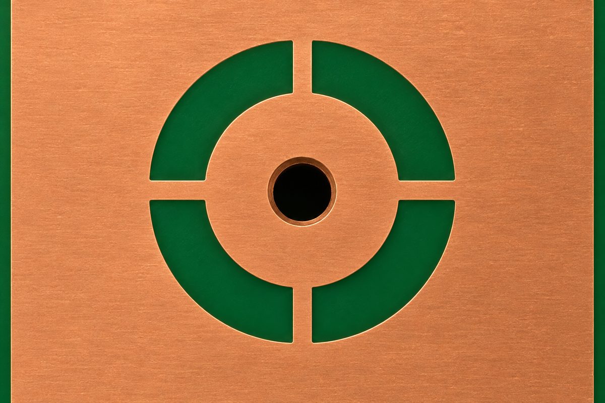 Conceptual annular PCB pad connected to surrounding copper through four spokes