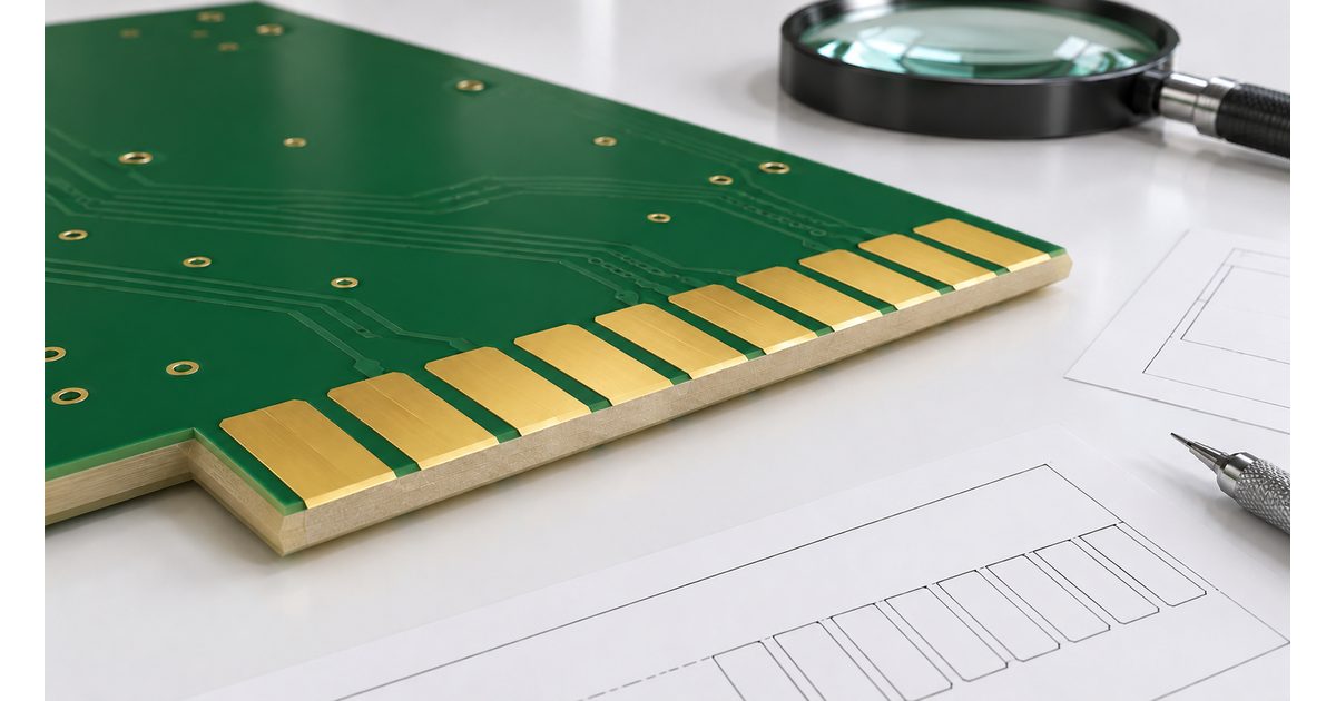 Conceptual green PCB with gold contact fingers and a beveled dielectric leading edge beside drawings and a magnifier