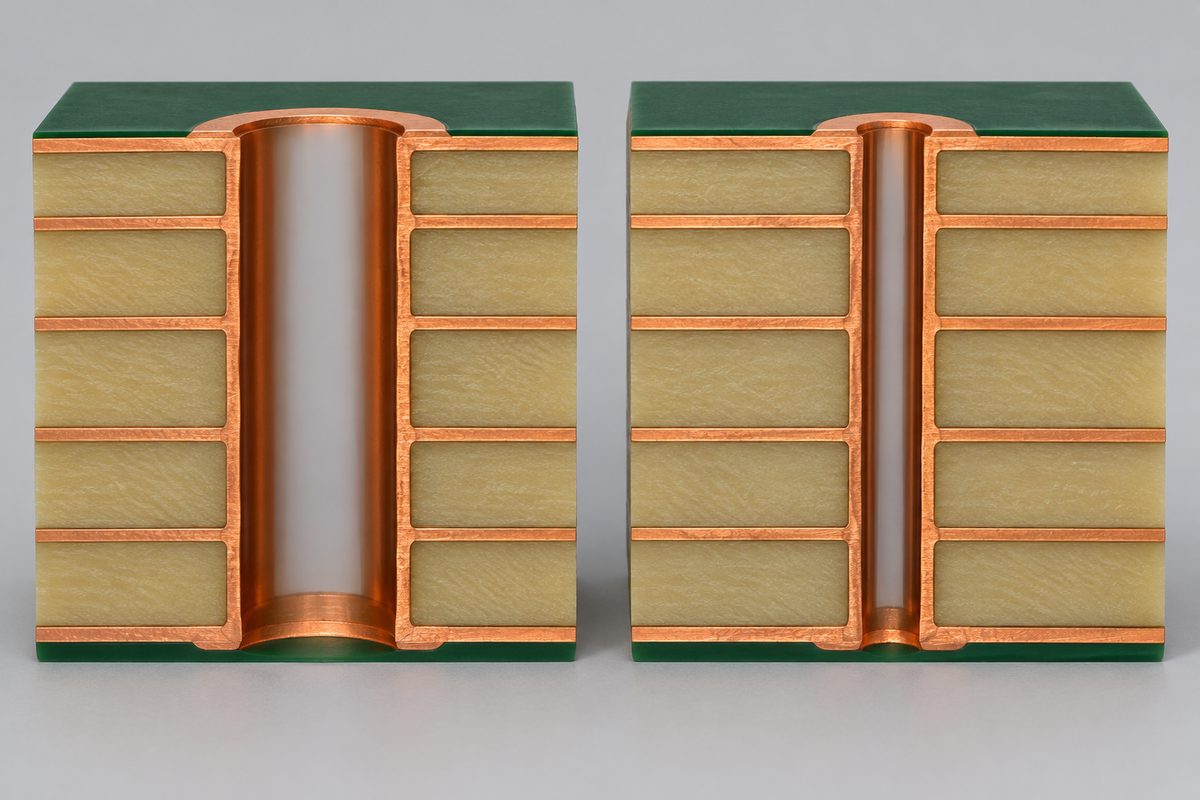 Conceptual equal-depth PCB cutaways comparing wider and narrower copper-lined holes