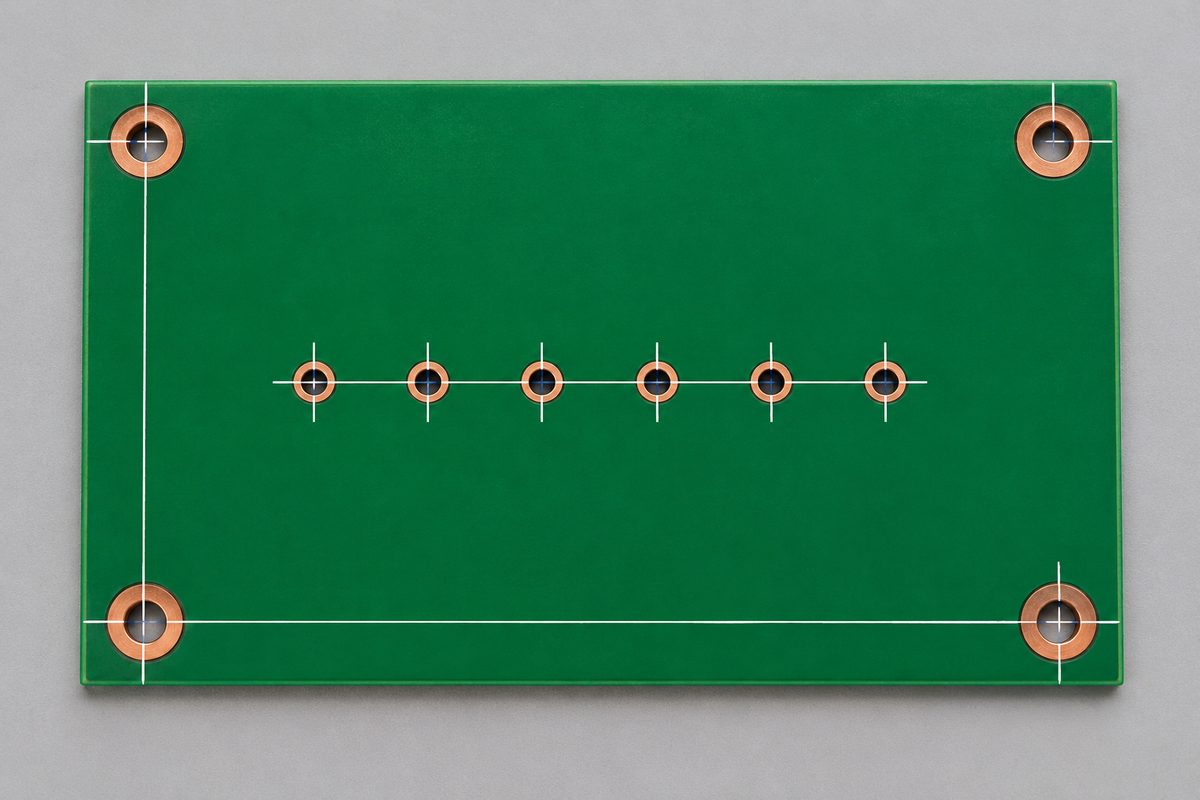 Conceptual PCB hole pattern with reference lines relating holes to board edges