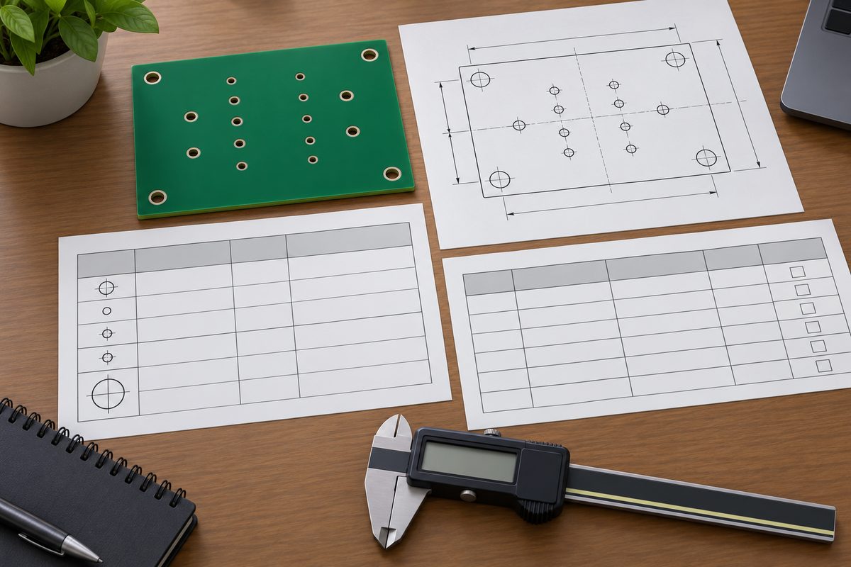 Conceptual PCB beside hole-pattern drawing, blank requirement table, and inspection report