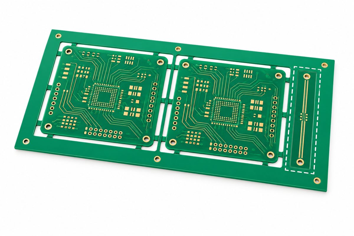 Conceptual bare PCB panel with a narrow impedance coupon in an outer rail
