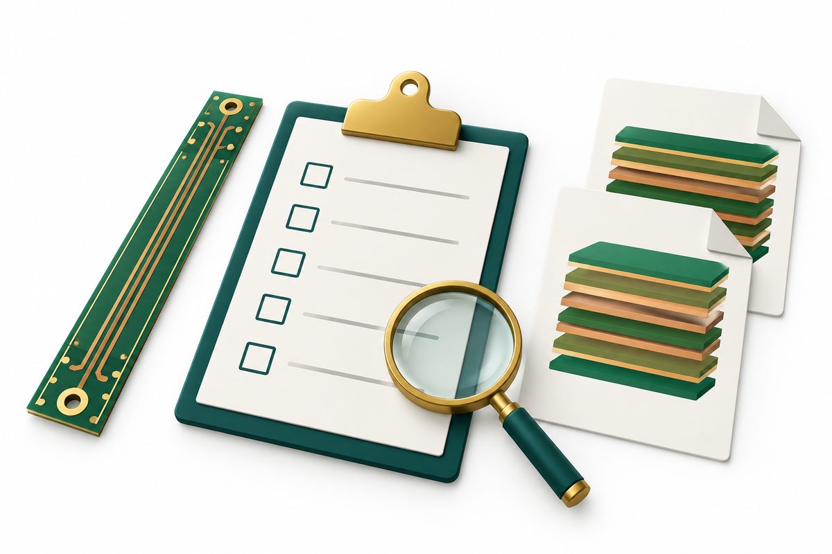 Conceptual impedance coupon beside a blank report, magnifier, and stackup documents