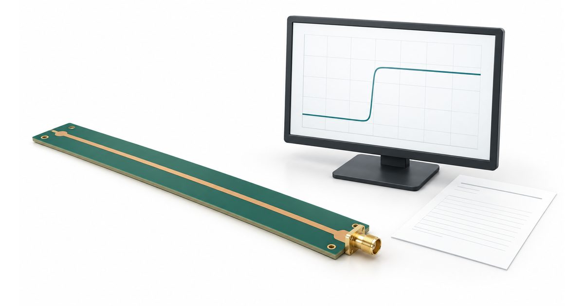 Conceptual impedance coupon beside an illustrative TDR display and blank report