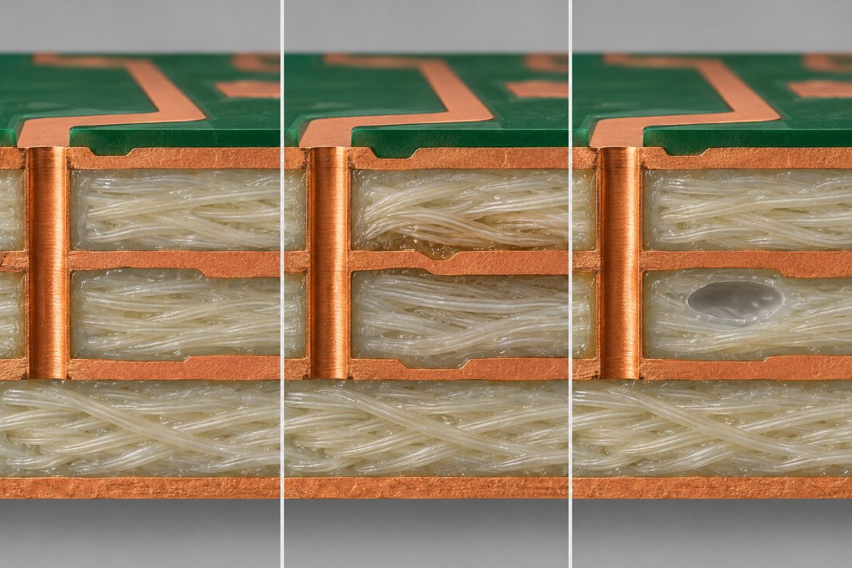 Conceptual comparison of sound PCB laminate fill, resin-starved area, and trapped void