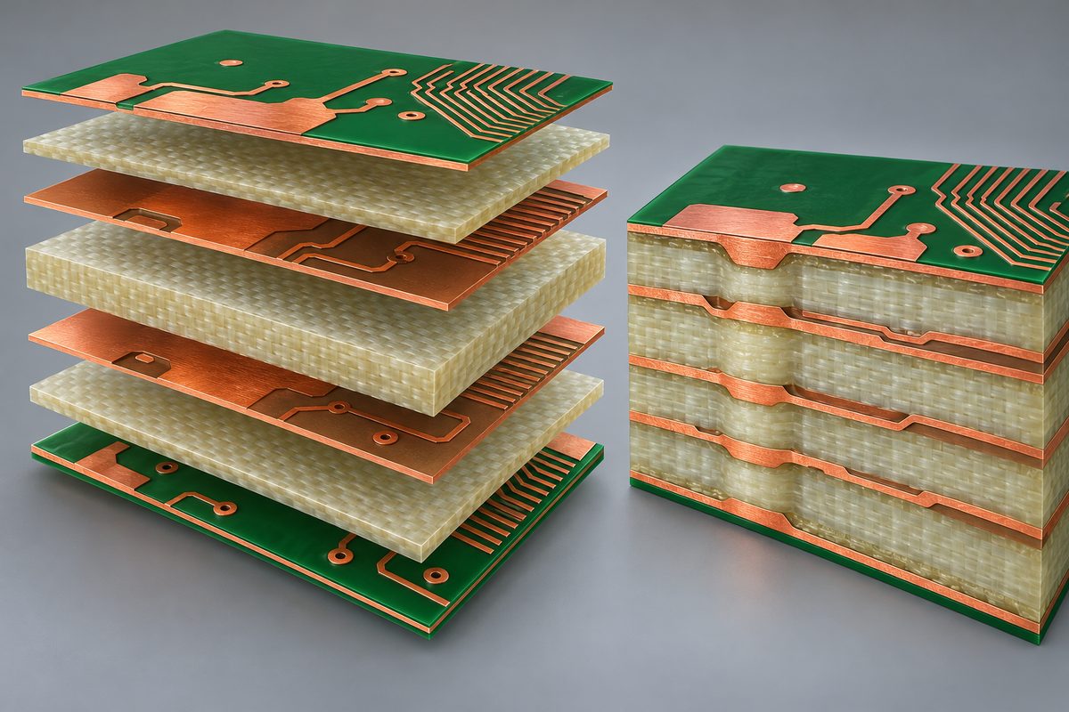 Conceptual exploded and consolidated six-layer PCB stackup showing cores, prepreg, copper layers, and solder mask