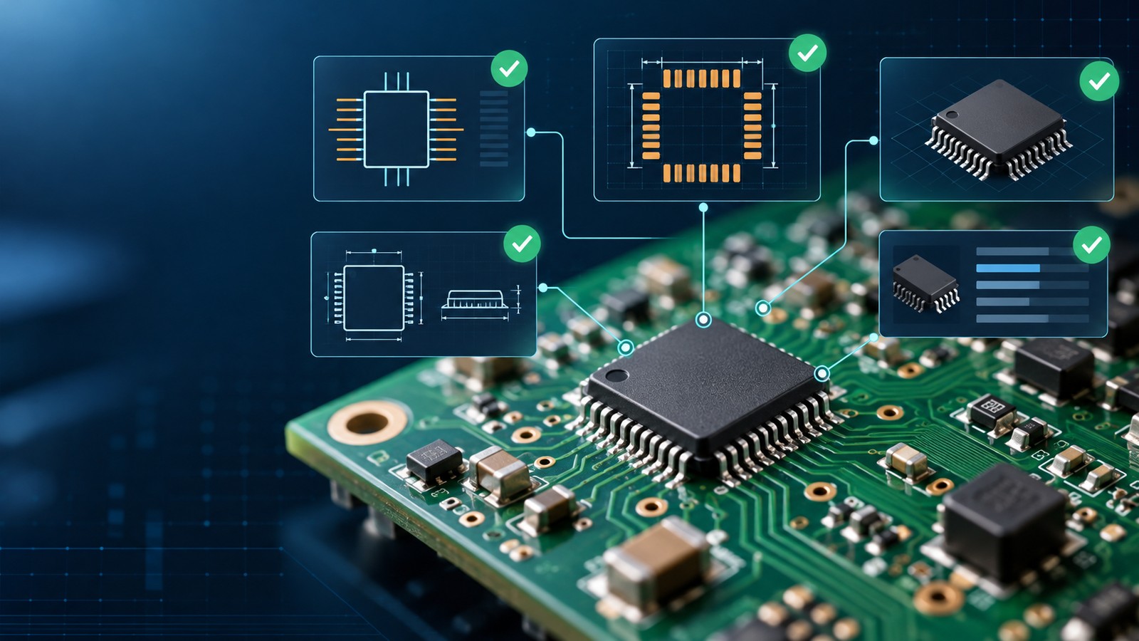 PCB component library verification showing symbol pins, footprint geometry, package model and approved part record without people