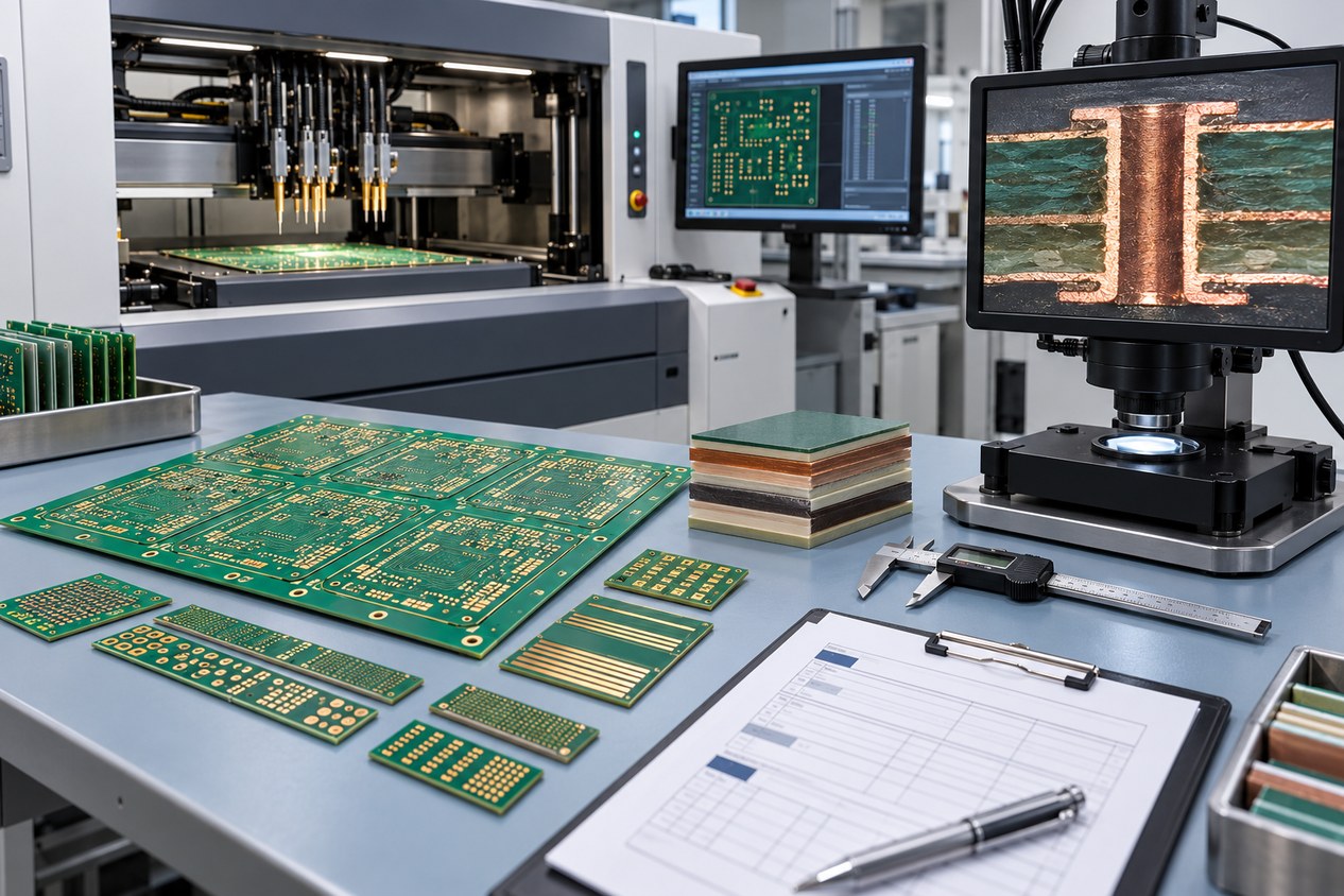 Bare PCB panel, fabrication coupons, flying-probe electrical test equipment, and plated-through-hole microsection inspection in a quality laboratory