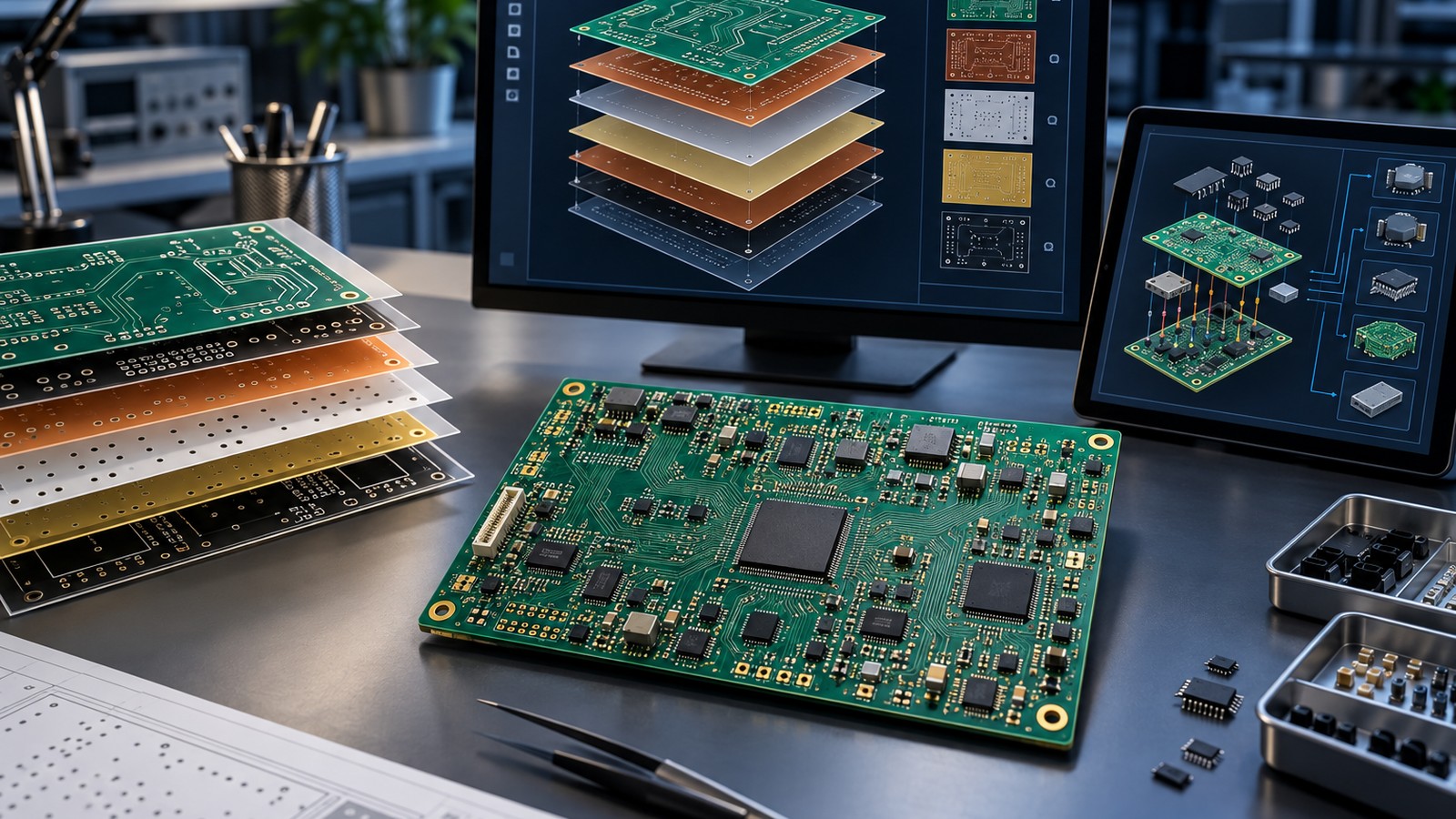 High-density PCB with abstract layered manufacturing data visualizations on an empty engineering workstation