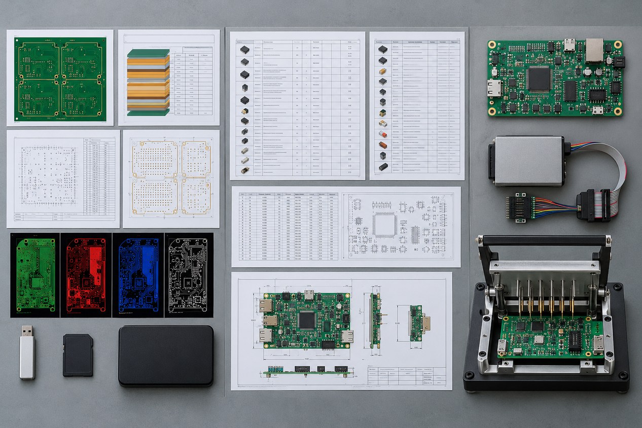 Top-down PCB manufacturing handoff package with board data, stackup, BOM, placement drawings, programming device, controller board, and functional test fixture