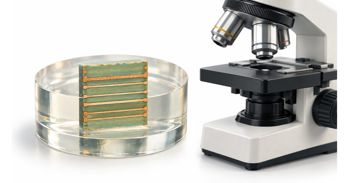 Conceptual mounted PCB section beside a generic laboratory microscope