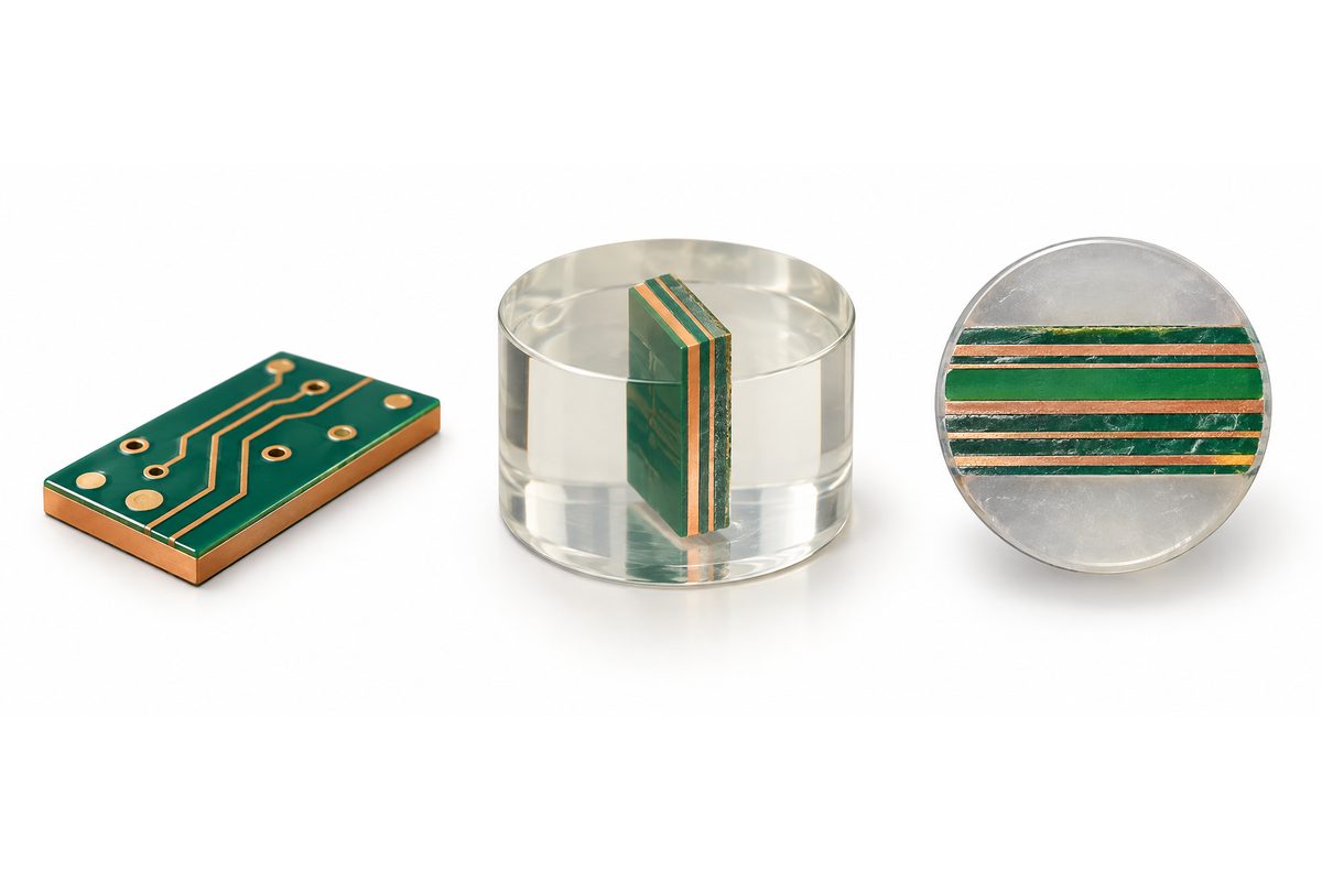 Conceptual PCB coupon, resin-mounted slice, and prepared section shown as separate preparation stages