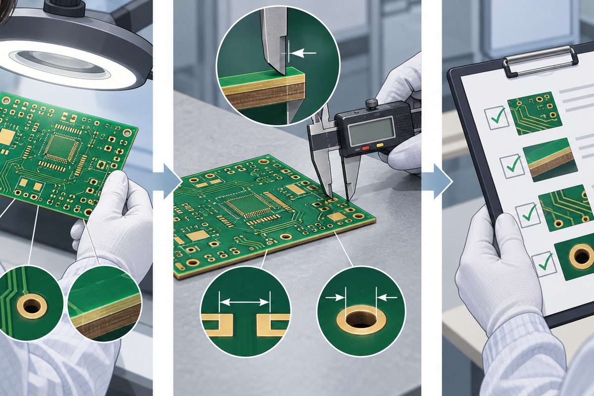 Conceptual illustration of board observation, dimensional measurement, and inspection documentation
