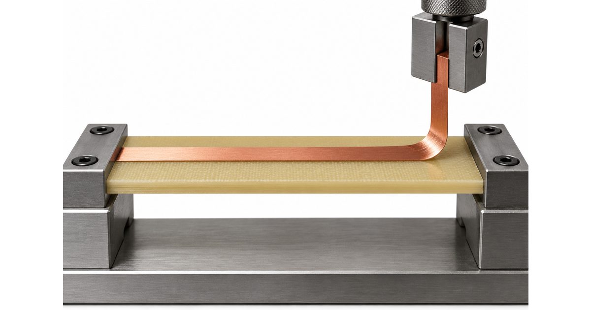 Conceptual copper strip lifted from a laminate coupon by an upper grip in a generic fixture